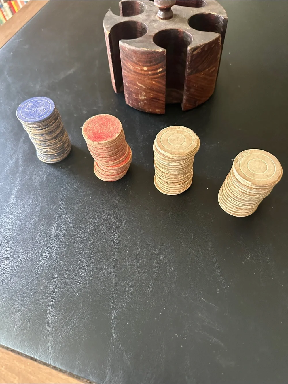 Vintage Dark Wood Caddy with Cardboard Poker Chips